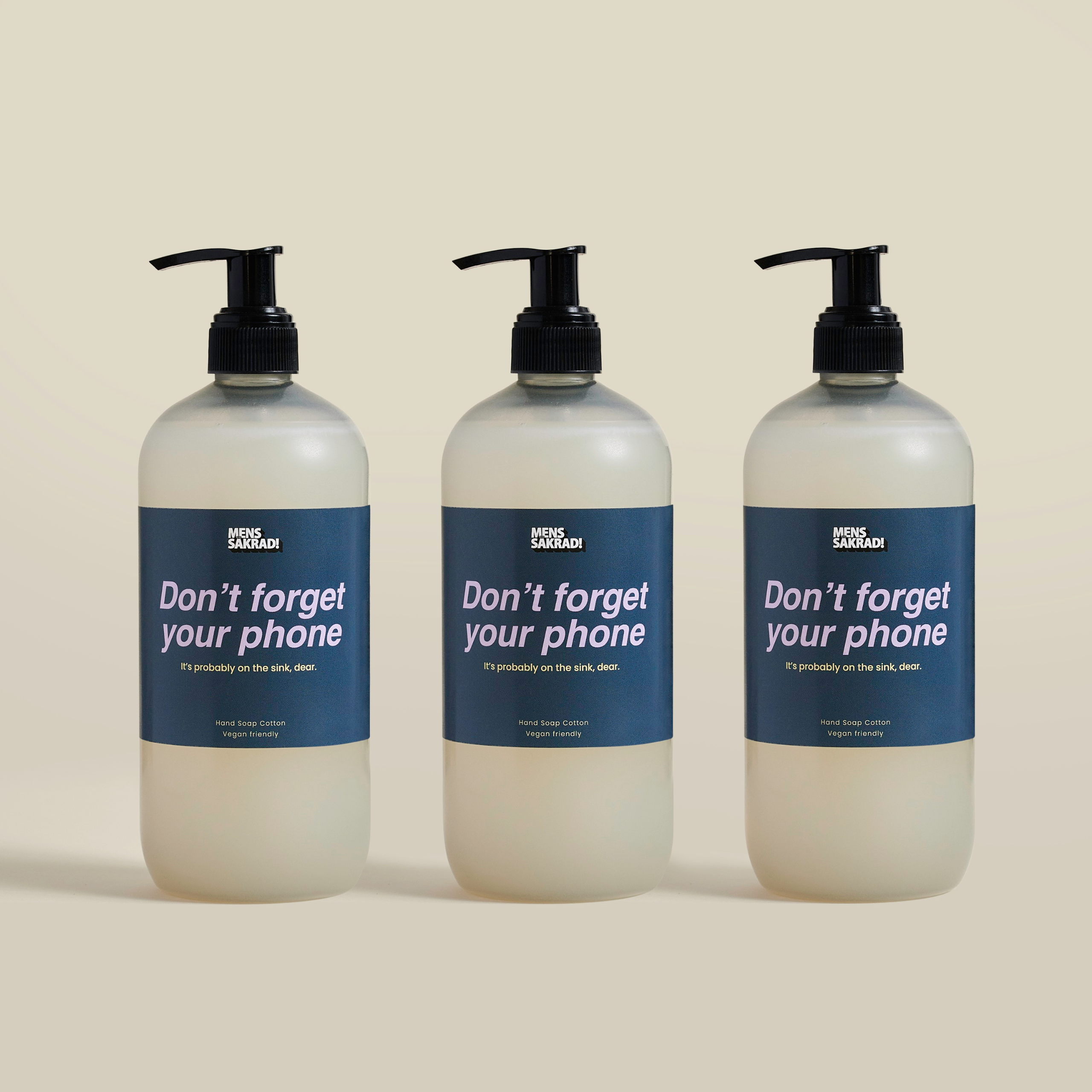 Tre flaskor Menssäkrads tvål.